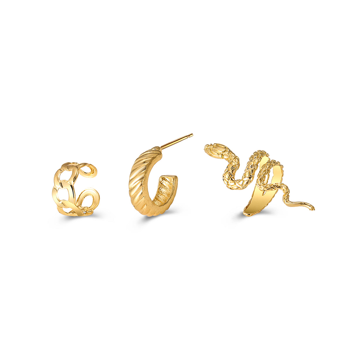 18K Gold-Plated Snake Ear Cuff Set, gold hoop earrings for women, vintage-inspired design, side view