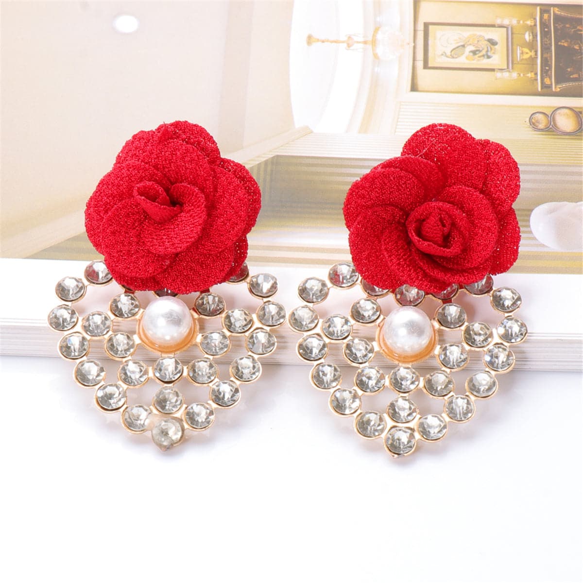 Red Lace & Cubic Zirconia Flower Drop Earrings