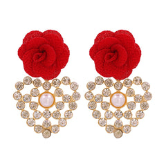 Red Lace & Cubic Zirconia Flower Drop Earrings