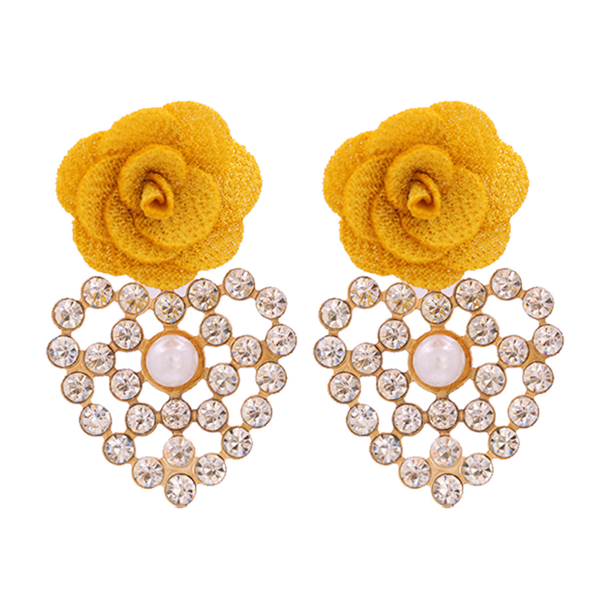 Yellow Lace & Cubic Zirconia Flower Drop Earrings