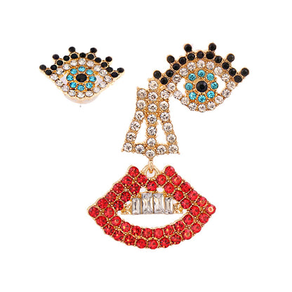 Red and White Cubic Zirconia Eye Stud and Lips Drop Earrings, stud earrings for women, vintage-inspired design, front view