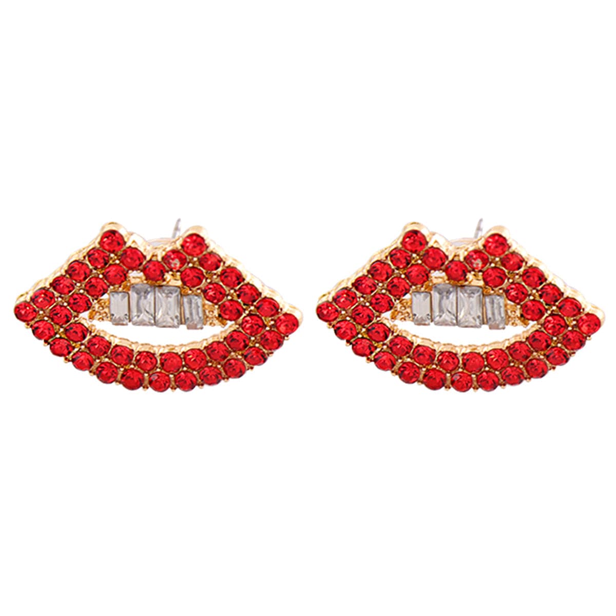 Red Cubic Zirconia & 18K Gold-Plated Lips Stud Earrings