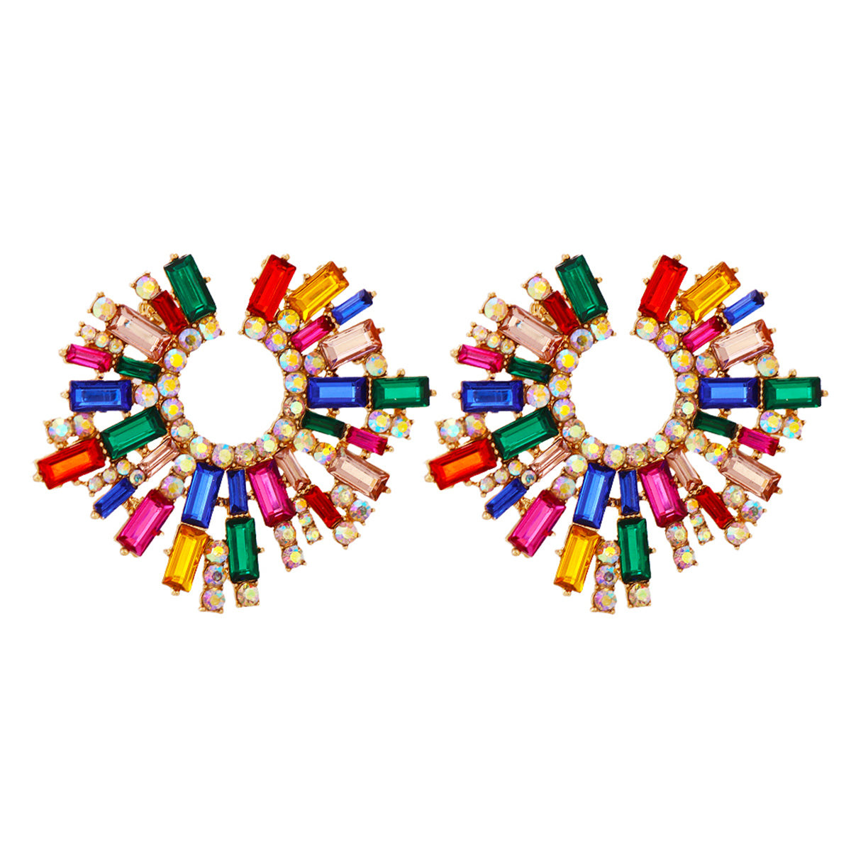 Multicolor Cubic Zirconia and 18K Gold-Plated Hola Round Stud Earrings, gold stud earrings for women, side view