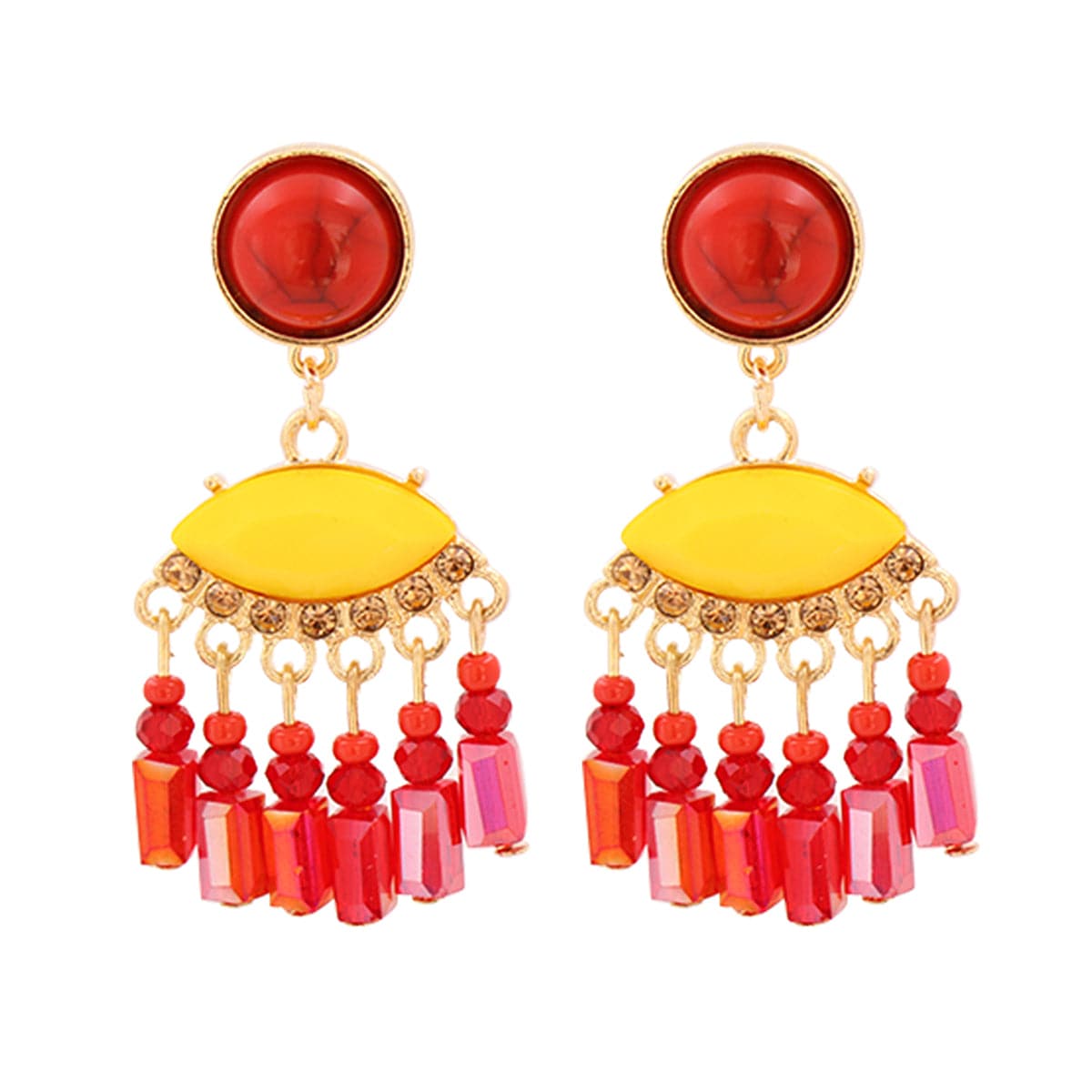 Turquoise and Red Cubic Zirconia Tassel Drop Earrings, drop earrings for women, botanical inspired, front view