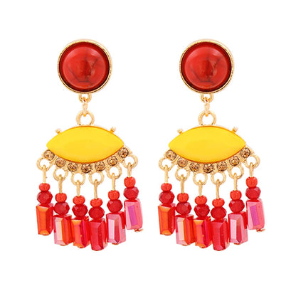 Turquoise and Red Cubic Zirconia Tassel Drop Earrings, drop earrings for women, botanical inspired, front view
