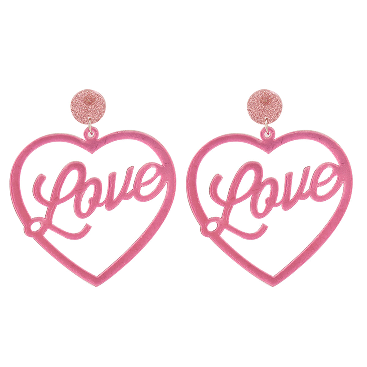 Pink and Silver-Plated Open Heart 'Love' Drop Earrings, silver drop earrings for women, detail close-up