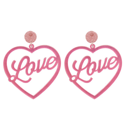 Pink and Silver-Plated Open Heart 'Love' Drop Earrings, silver drop earrings for women, detail close-up
