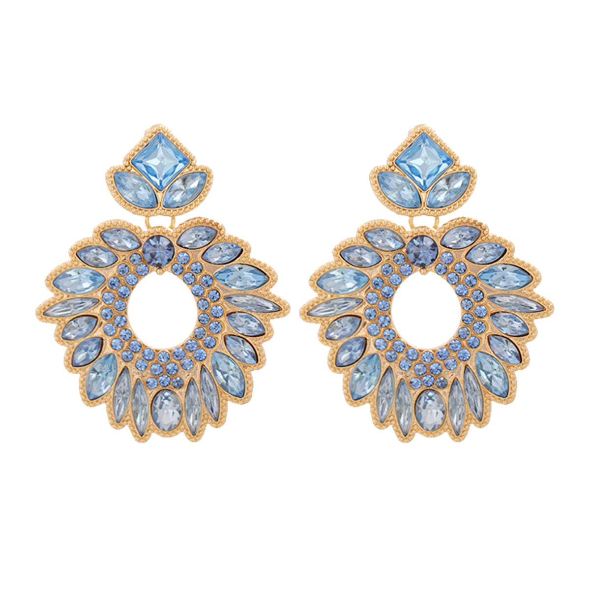 Blue Crystal and Cubic Zirconia Geometric Drop Earrings, drop earrings for women, botanical inspired, side view