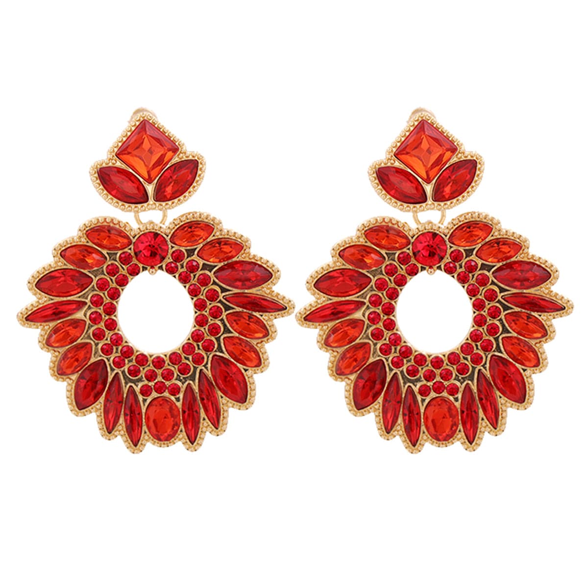 Red Crystal and Cubic Zirconia 18K Gold-Plated Geometric Drop Earrings, gold drop earrings for women, front view