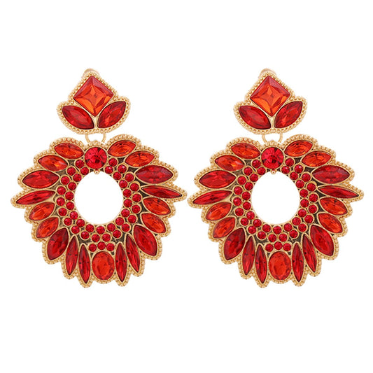 Red Crystal and Cubic Zirconia 18K Gold-Plated Geometric Drop Earrings, gold drop earrings for women, front view