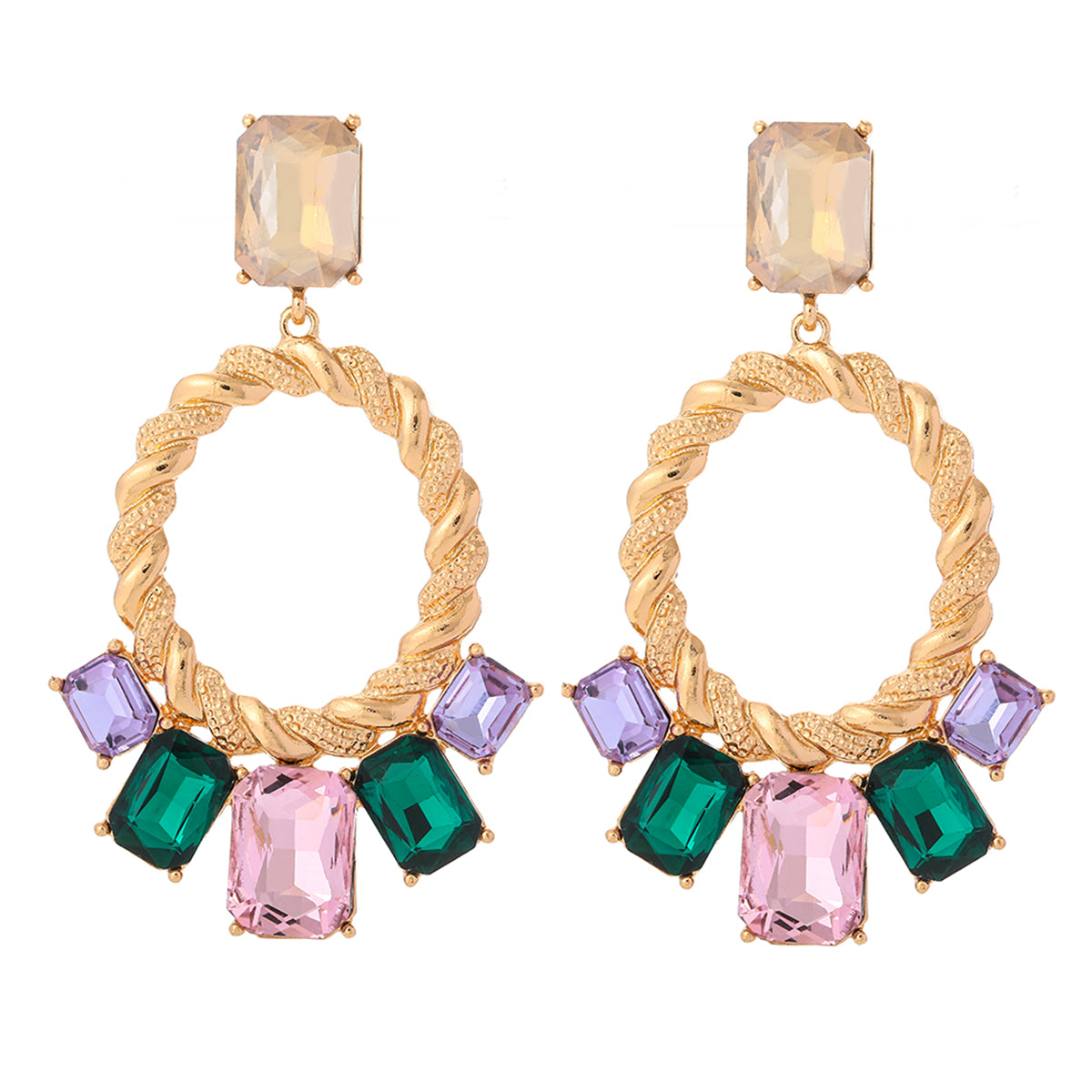 Pink Multicolor Crystal and 18K Gold-Plated Open Oval Drop Earrings, gold drop earrings for women, everyday style, front view