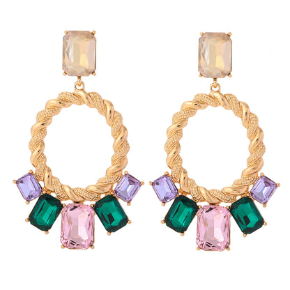 Pink Multicolor Crystal and 18K Gold-Plated Open Oval Drop Earrings, gold drop earrings for women, everyday style, front view