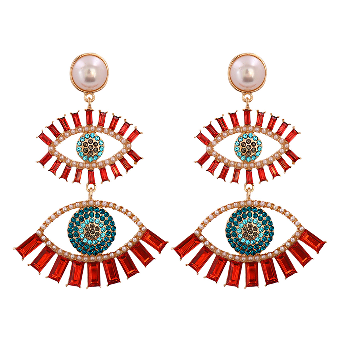 Red Crystal & Cubic Zirconia Evil Eye Drop Earrings