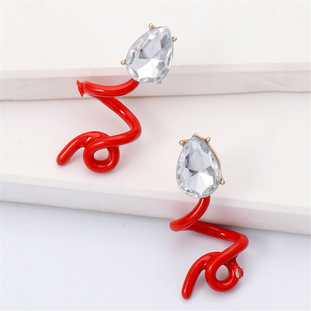 Red & Crystal Swirling Snake Drop Earrings