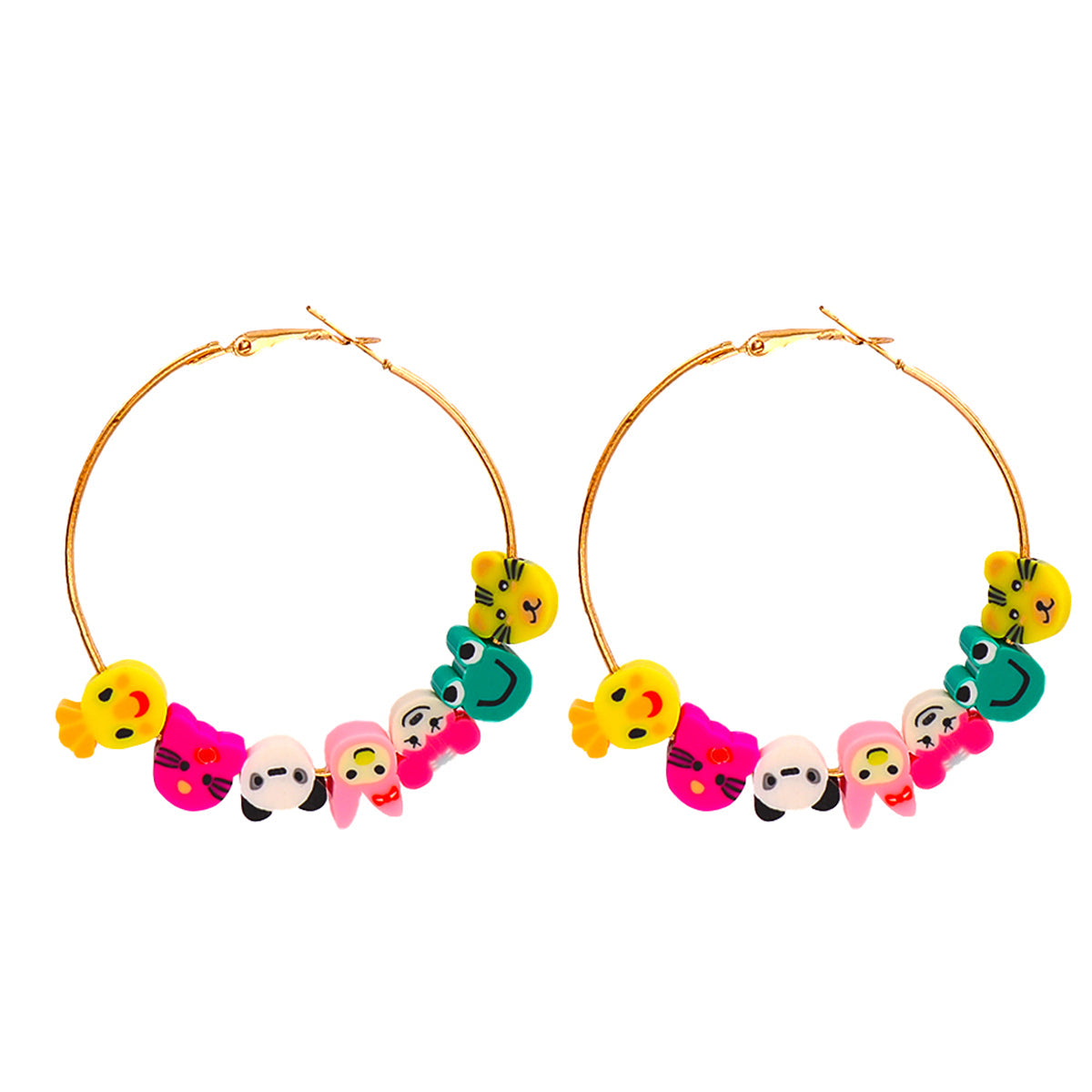 Pink Polymer Clay & 18K Gold-Plated Multi-Hued Animal Beads Hoop Earrings