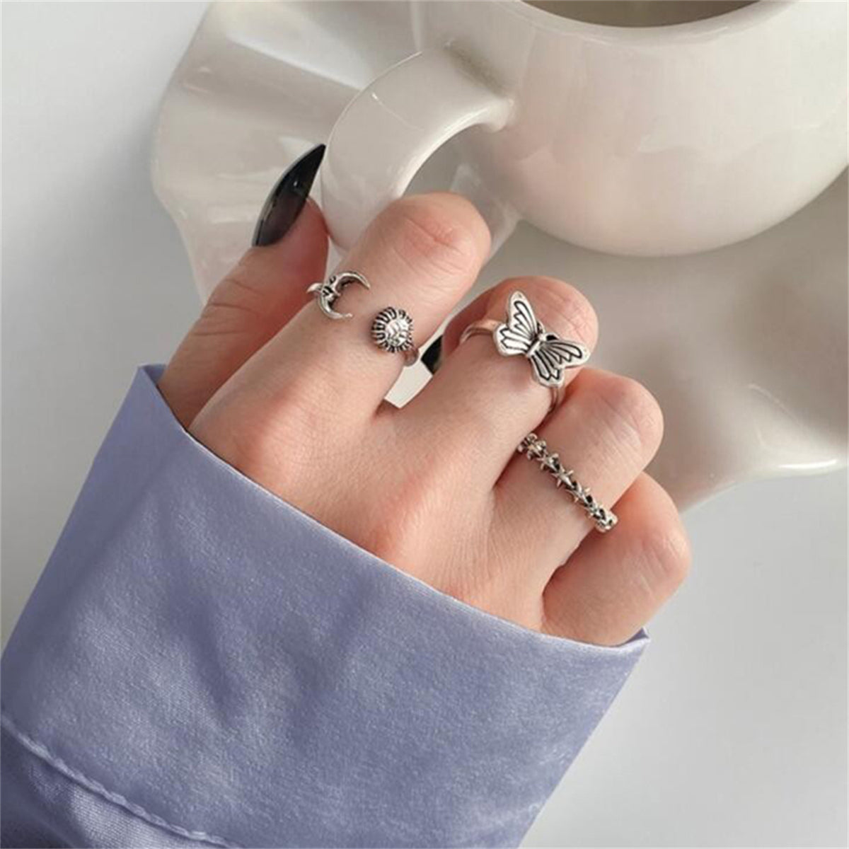 Silver-Plated Celestial Bypass Ring Set, jewelry gift sets for women, dainty minimalist design, front view