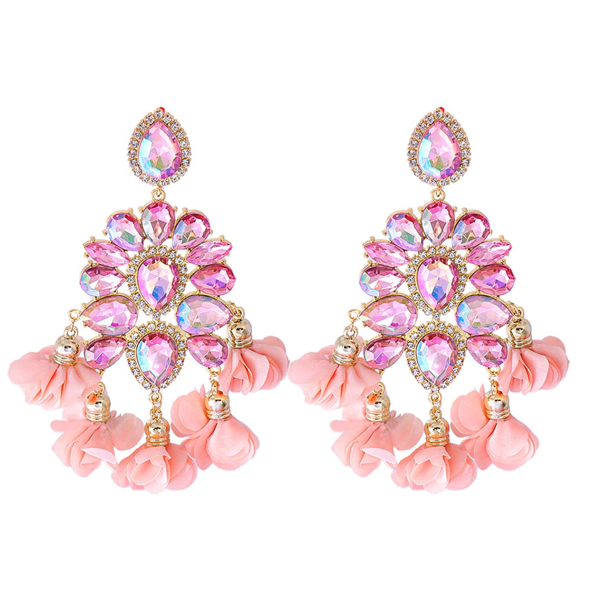 Pink Crystal & Cubic Zirconia Floral Tassel Pear Drop Earrings
