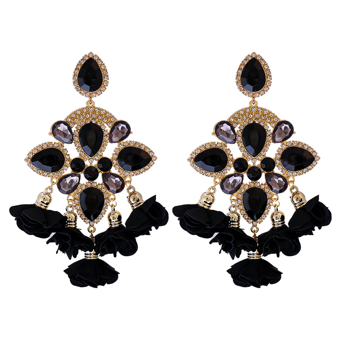 Black Crystal & Cubic Zirconia Floral Chandelier Drop Earrings