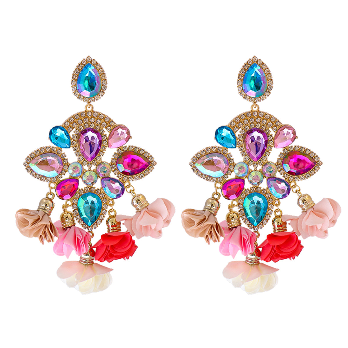 Pink Crystal & 18K Gold-Plated Multicolor Floral Tassel Drop Earrings