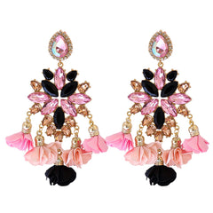 Black Crystal & Pink Cubic Zirconia Flower Tassel Drop Earrings