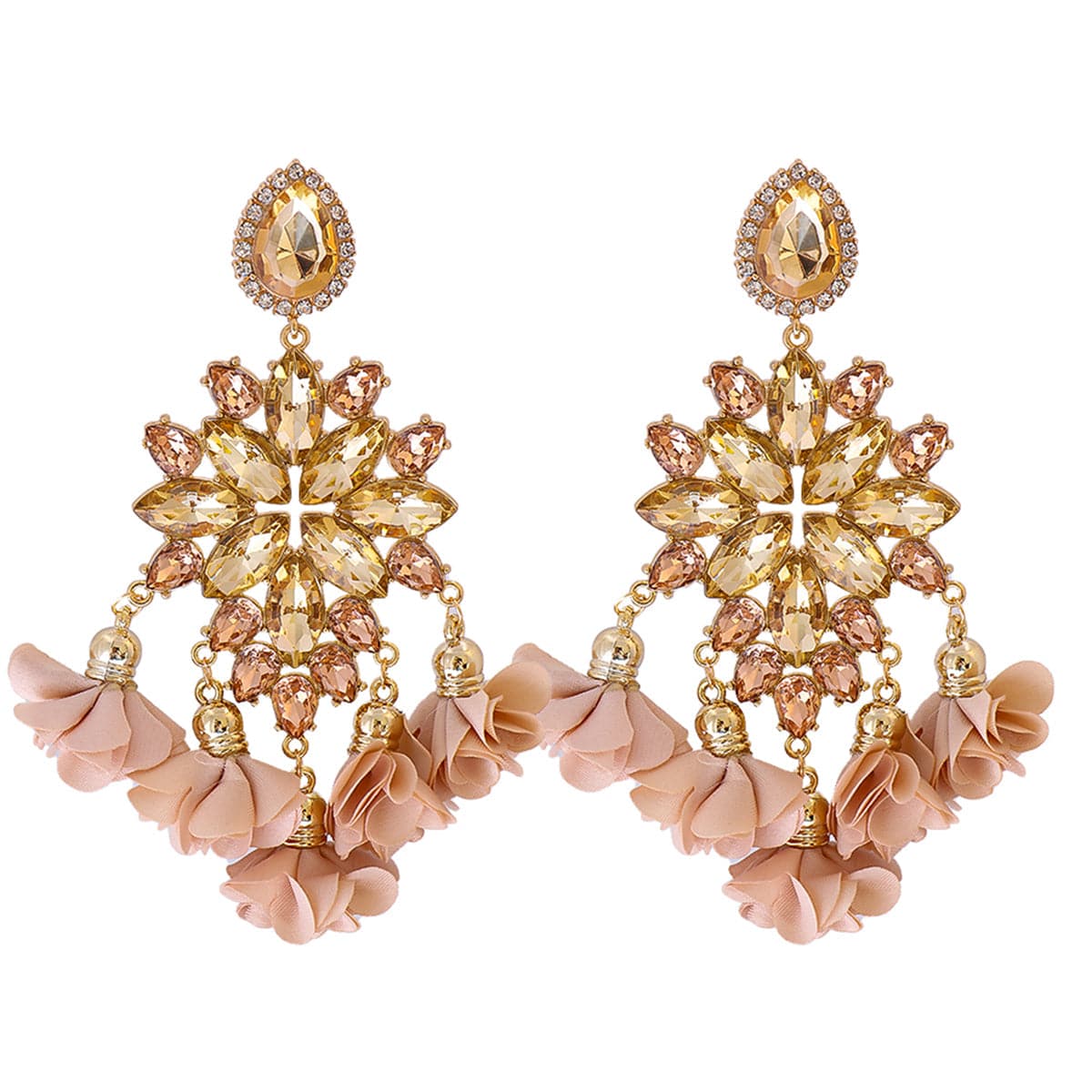 Champagne Crystal & Cubic Zirconia Silk 18K Gold-Plated Flower Tassel Drop Earrings