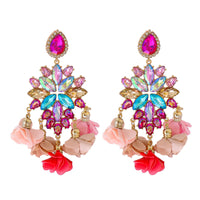 Dusty Pink & Magenta Crystal Flower Tassel Drop Earrings
