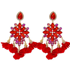 Cubic Zirconia & Red Crystal Floral Marquise Chandelier Drop Earrings