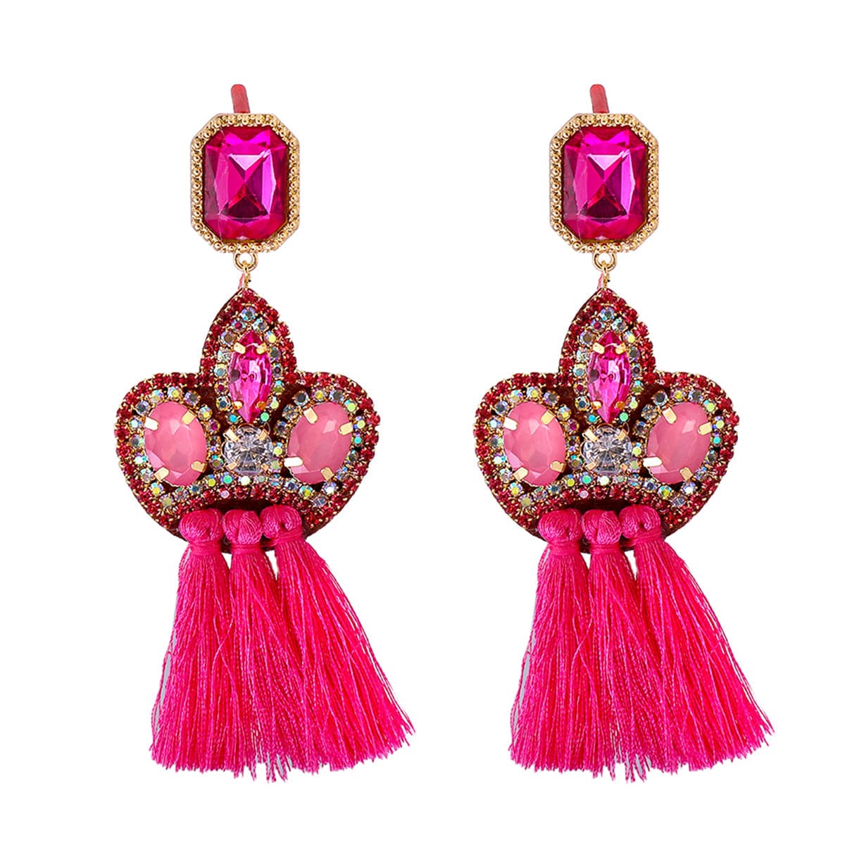 Cubic Zirconia & Rose Crystal Pavé Tassel Crown Drop Earrings
