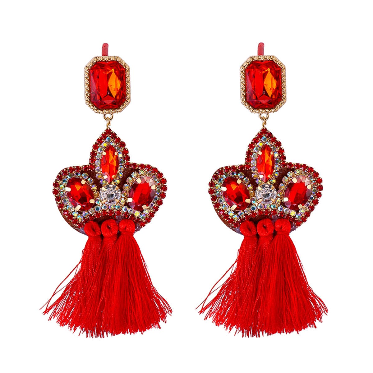 Cubic Zirconia & Red Crystal Pavé Tassel Crown Drop Earrings