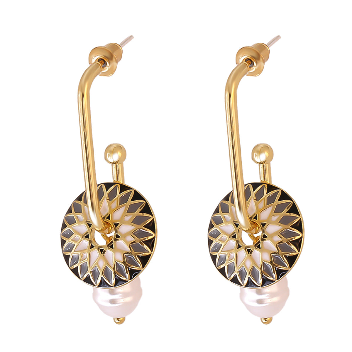 Black Enamel & Pearl 18K Gold-Plated Lotus Drop Earrings