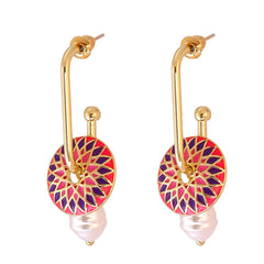 Red Enamel & Pearl 18K Gold-Plated Lotus Drop Earrings