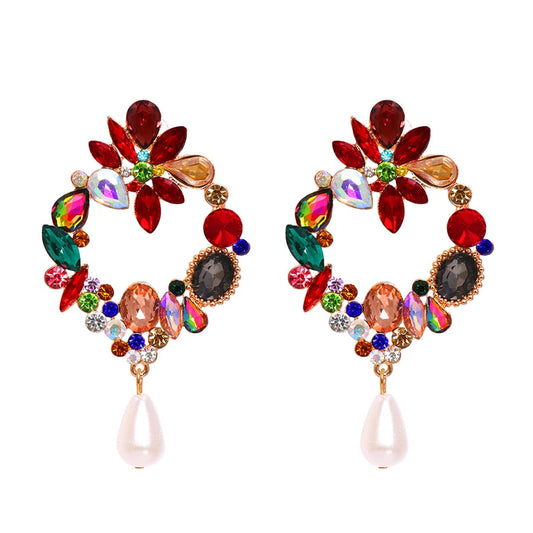 Red Crystal and Cubic Zirconia Pearl Botany Drop Earrings, drop earrings for women, everyday style, front view
