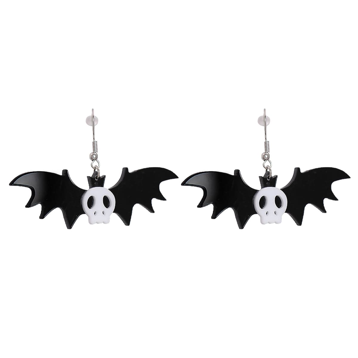 Black Acrylic and Silver-Plated Bat Drop Earrings, silver drop earrings for women, vintage-inspired design, front view