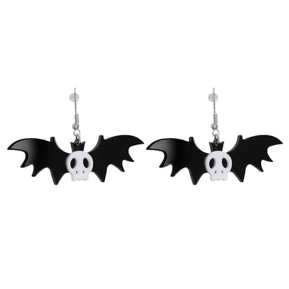 Black Acrylic and Silver-Plated Bat Drop Earrings, silver drop earrings for women, vintage-inspired design, front view