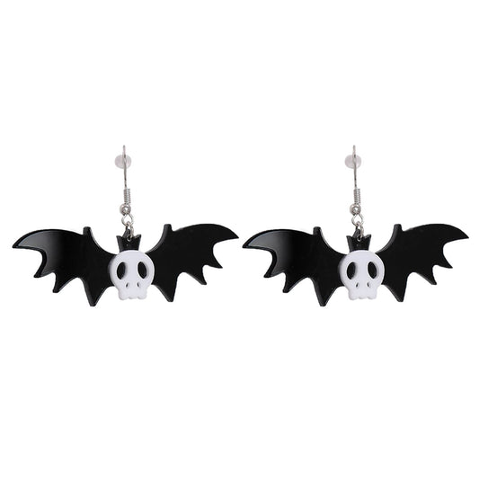 Black Acrylic and Silver-Plated Bat Drop Earrings, silver drop earrings for women, vintage-inspired design, front view