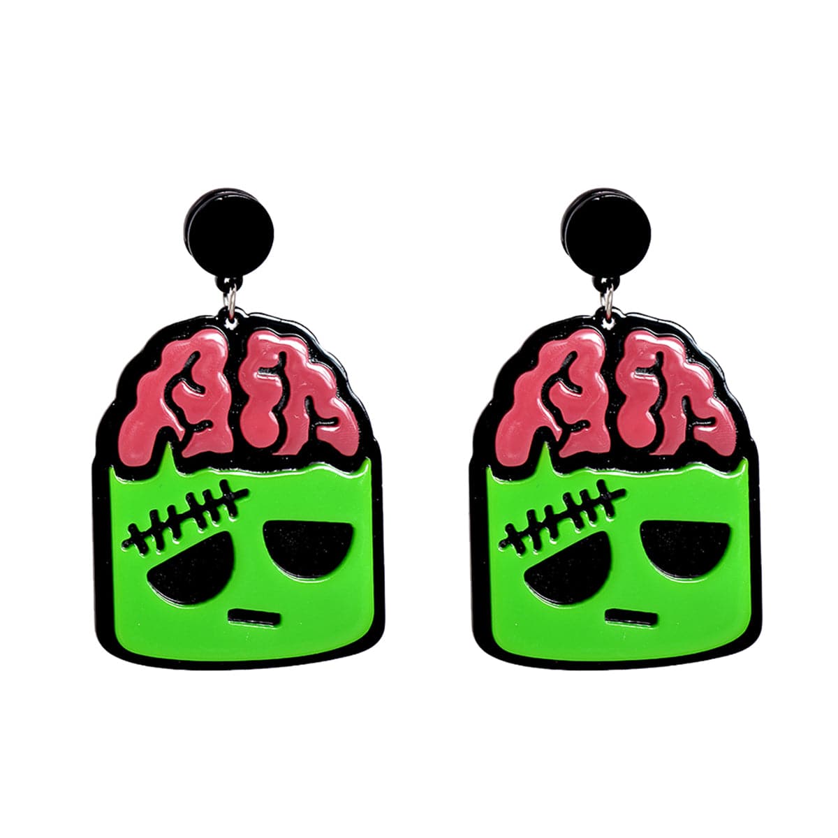 Green Acrylic and Silver-Plated Zombie Drop Earrings, silver drop earrings for women, everyday style, front view