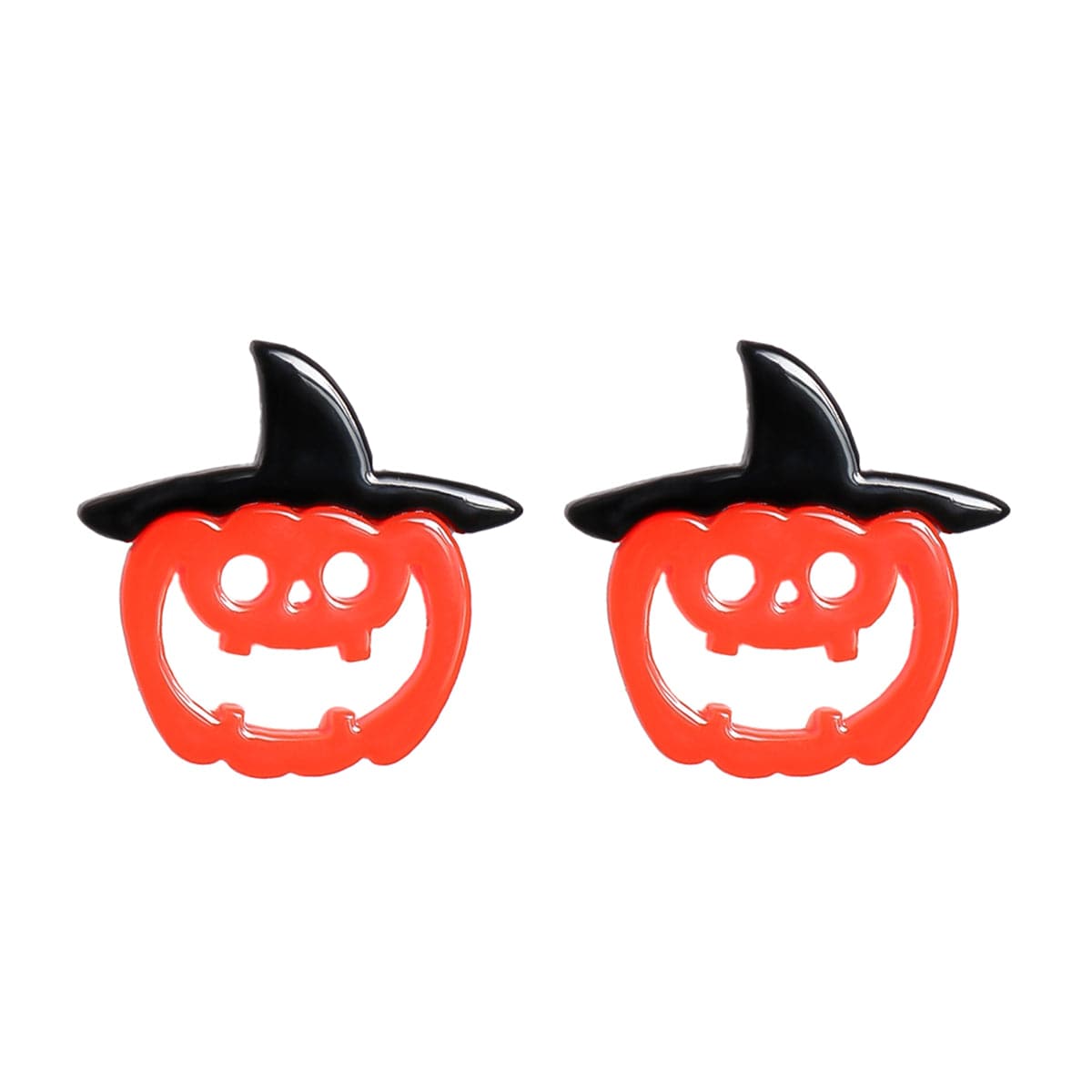 Orange Acrylic and Silver-Plated Pumpkin Witch Stud Earrings, silver stud earrings for women, everyday style, front view