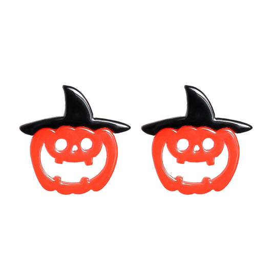 Orange Acrylic and Silver-Plated Pumpkin Witch Stud Earrings, silver stud earrings for women, everyday style, front view