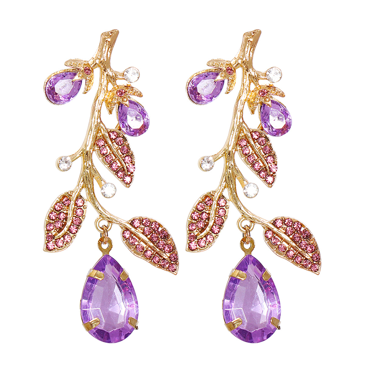 Cubic Zirconia and Purple Crystal 18K Gold-Plated Eggplant Drop Earrings, gold drop earrings for women, front view
