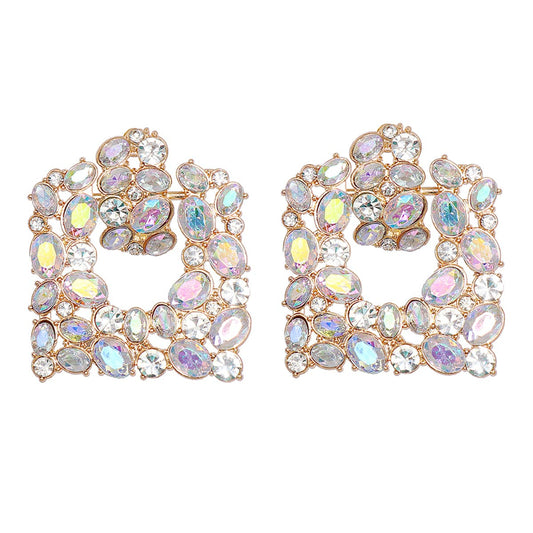 Cubic Zirconia and Iridescent Crystal 18K Gold-Plated Square Drop Earrings, gold drop earrings for women, front view