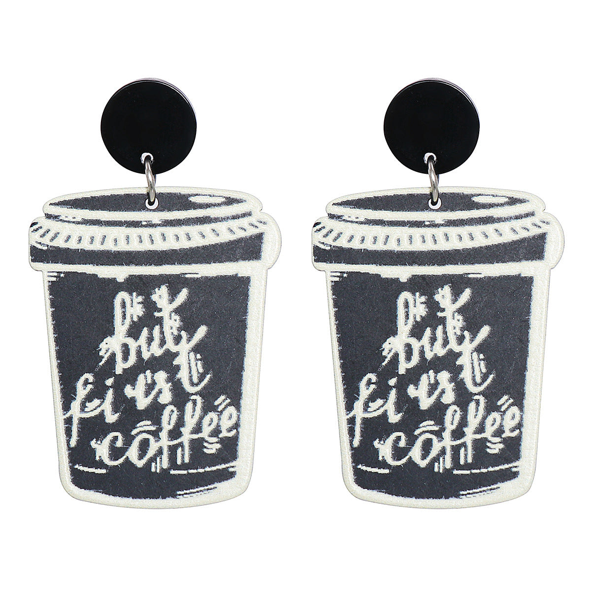 Black & Silver-Plated 'But First Coffee' Drop Earrings