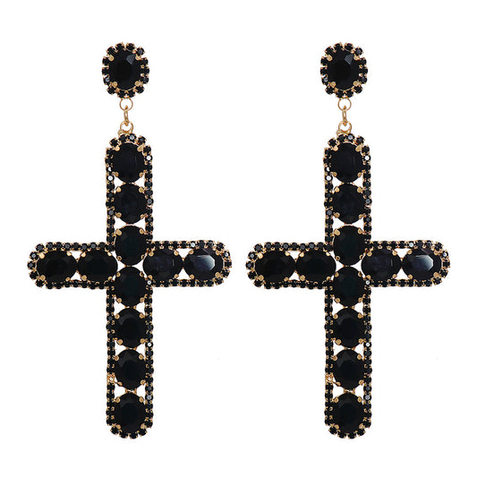 Black Crystal and Cubic Zirconia 18K Gold-Plated Cross Drop Earrings, gold drop earrings for women, front view