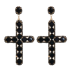 Black Crystal & Cubic Zirconia 18K Gold-Plated Cross Drop Earrings