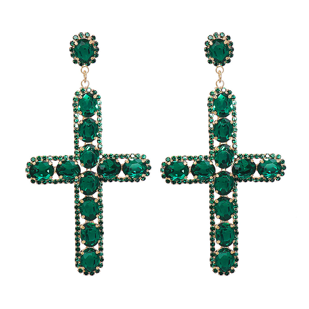 Green Crystal and Cubic Zirconia Cross Drop Earrings, drop earrings for women, dainty minimalist design, side view
