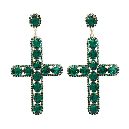 Green Crystal and Cubic Zirconia Cross Drop Earrings, drop earrings for women, dainty minimalist design, side view