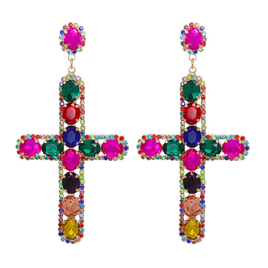 Multicolor Crystal and Cubic Zirconia Pav¨¦ Cross Round-Cut Drop Earrings, drop earrings for women, front view