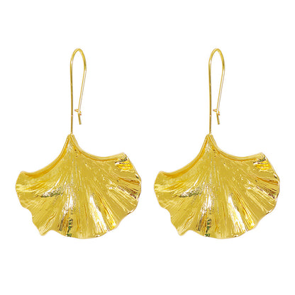 18K Gold-Plated Lotus Leaf Drop Earrings, gold drop earrings for women, botanical inspired, front view