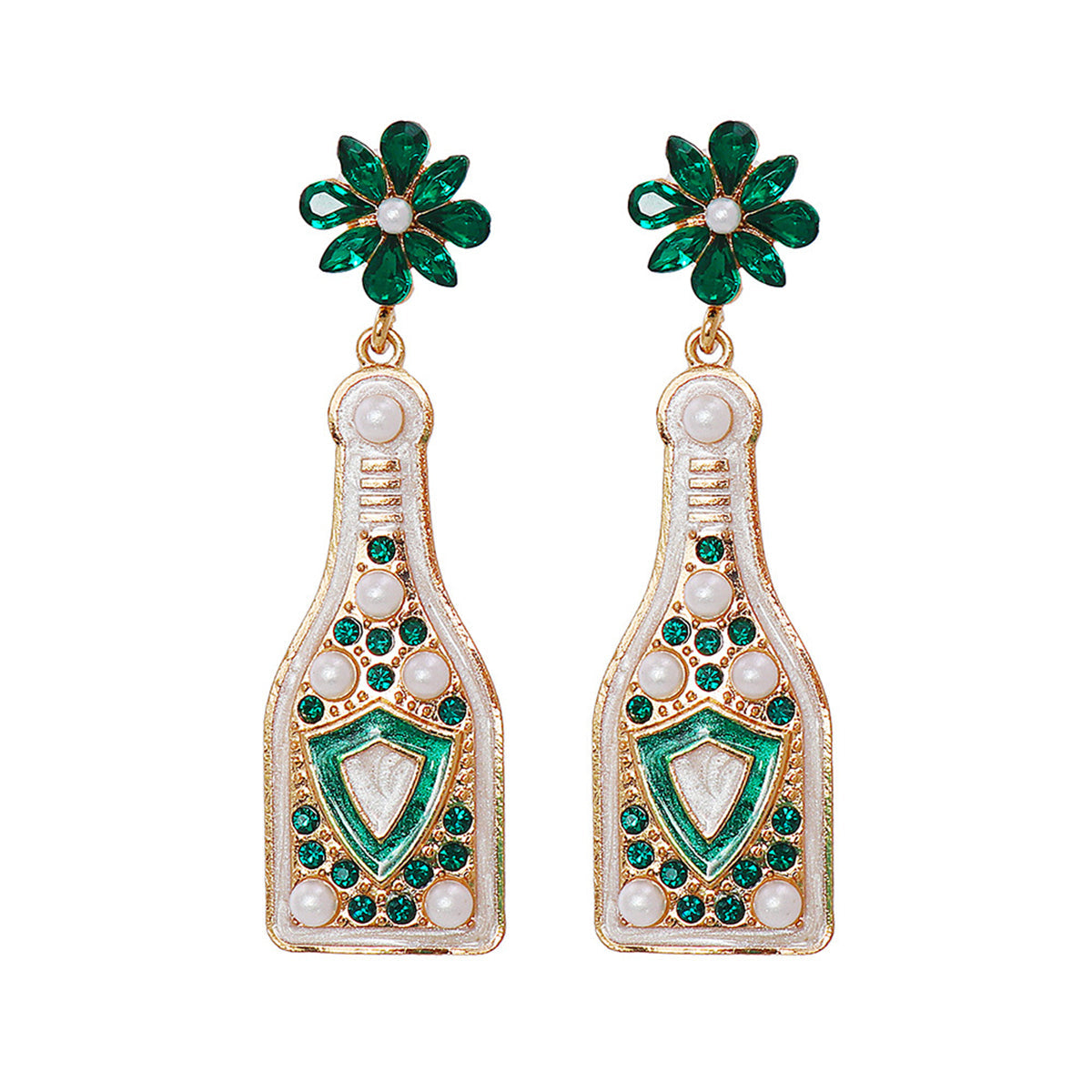 Green Crystal & Pearl 18K Gold-Plated Shield Bottle Drop Earrings