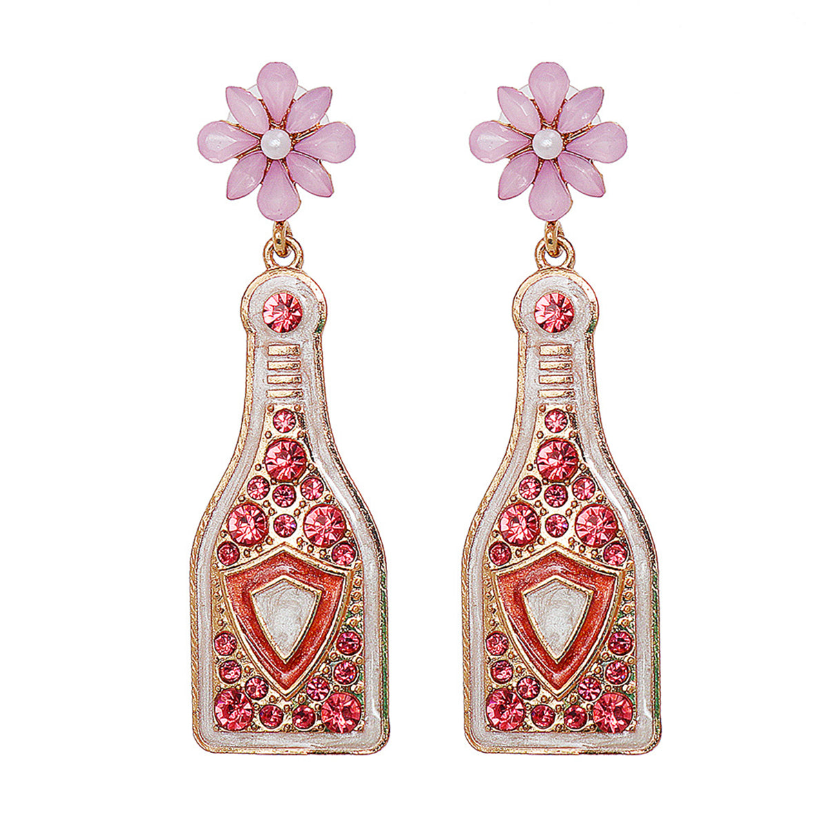 Pink Crystal and Enamel Pearl Shield Bottle Drop Earrings, drop earrings for women, dainty minimalist design, front view