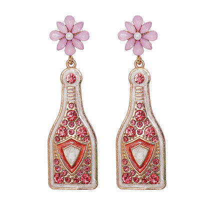 Pink Crystal and Enamel Pearl Shield Bottle Drop Earrings, drop earrings for women, dainty minimalist design, front view